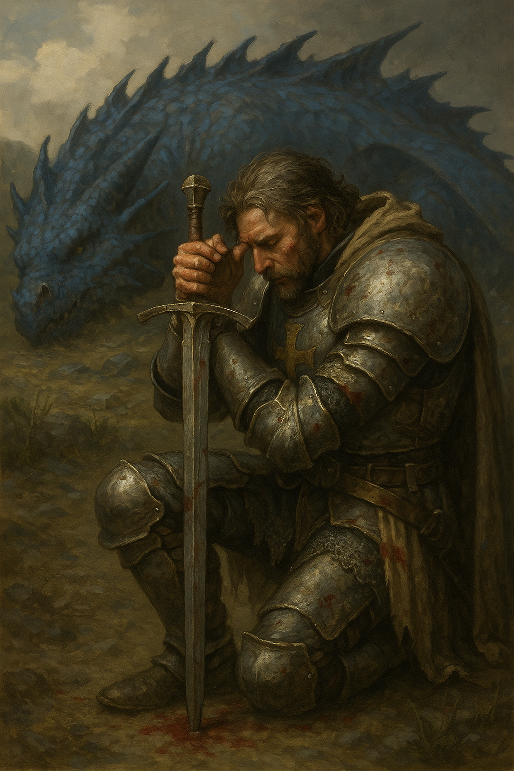 "Balaque's Respite", the Celestial Knight of Ao takes a moment of prayer after slaying Norn, Son of Nacaznik.